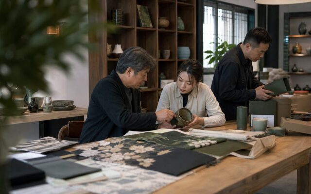 传统工艺师、产品设计师和制作人共同检查文化产品原型