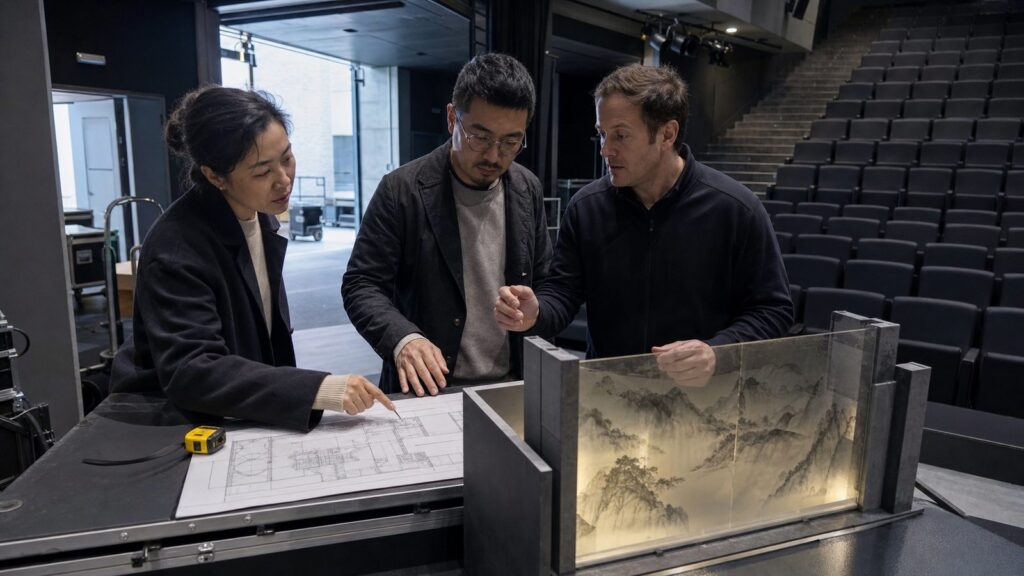 中国文化项目团队与海外场地人员检查体验样品和场地计划