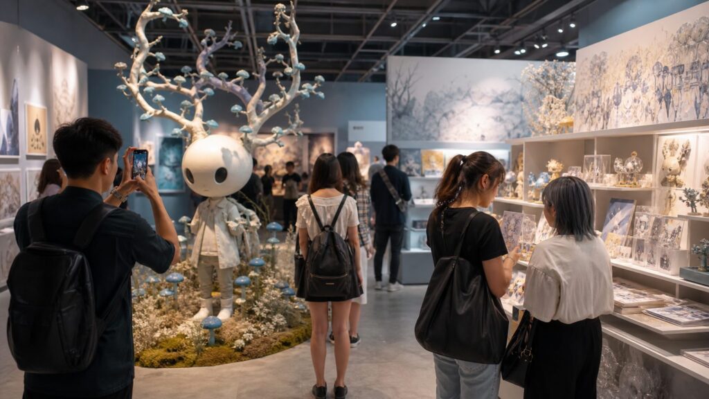 国际年轻观众在流行文化展览和商品空间内互动