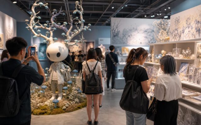 国际年轻观众在流行文化展览和商品空间内互动