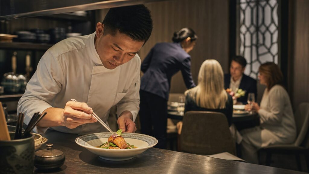 中餐主厨在海外餐厅为国际客人完成一道精致菜品