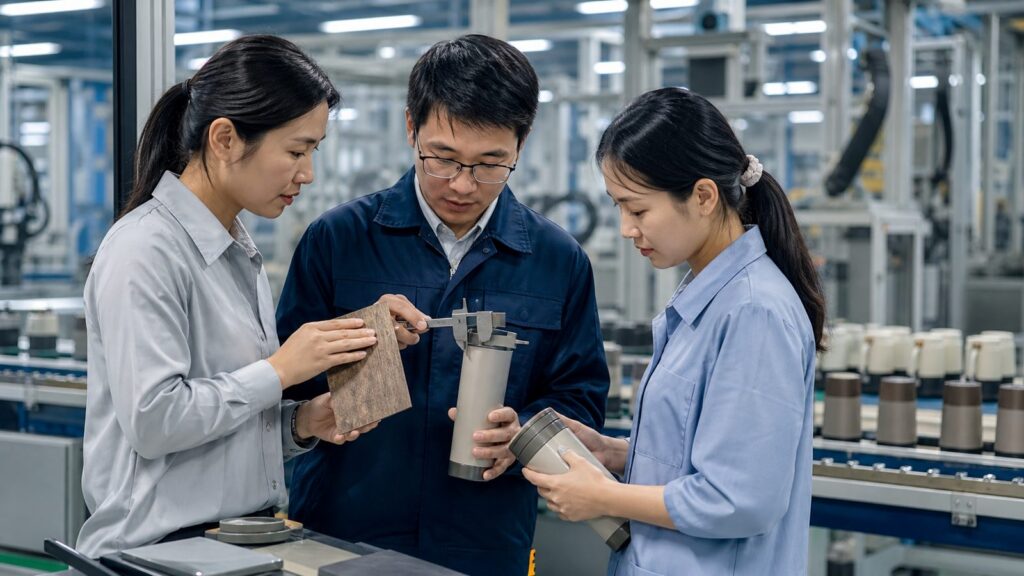 设计师、工程师和质量人员在现代制造车间检查产品原型