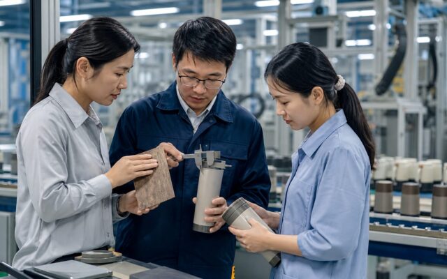 设计师、工程师和质量人员在现代制造车间检查产品原型