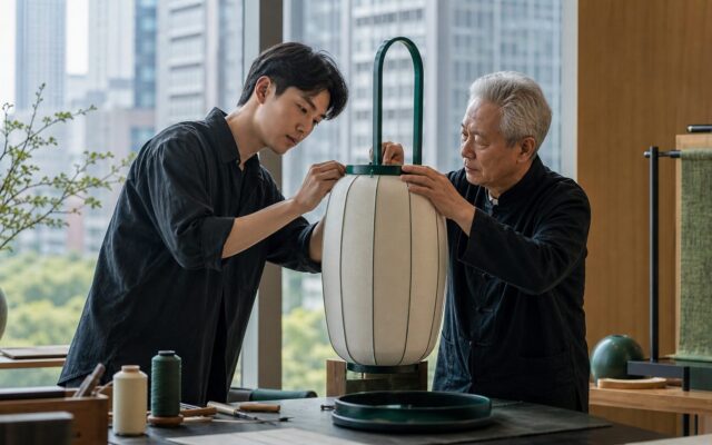 年轻创作者与资深工艺师共同制作具有传统工艺的现代灯具